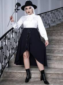 SHEIN Unity Plus Halloween Lace Up Front High Low Hem Skirt - Black - View 1