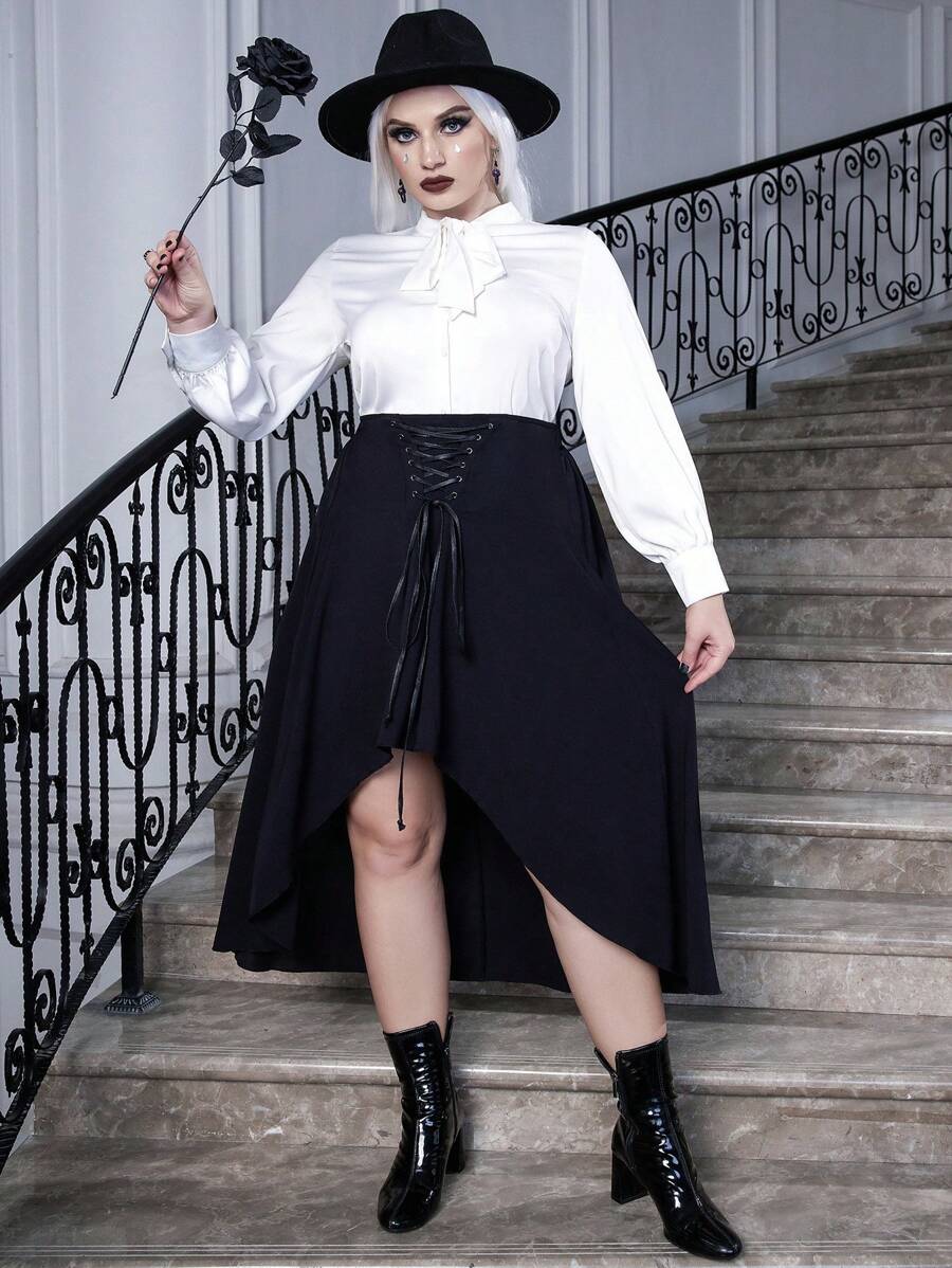 SHEIN Unity Plus Halloween Lace Up Front High Low Hem Skirt - Black - View 1