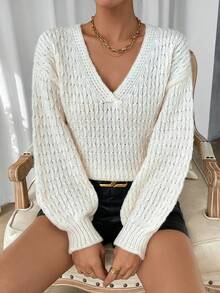 Chiquease Solid Drop Shoulder V Neck Knit Pullover Fall Winter Sweater - Beige - View 5