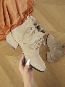 Fashionable Short Boots With Square Toe And Chunky Heels - Khaki - View 4