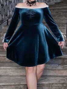 SHEIN Unity Plus Halloween Off Shoulder Knot Cuff Ruched Velvet Dress Without Belt - Dark Green - View 7