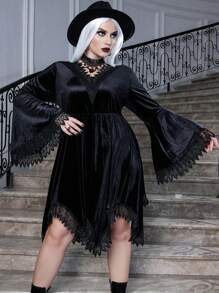PUNK Plus Halloween Guipure Lace Trim Flare Sleeve Hanky Hem Velvet Dress - Black - View 6