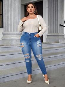 SHEIN Privé Plus High Waist Ripped Skinny Jeans - Dark Wash - View 1