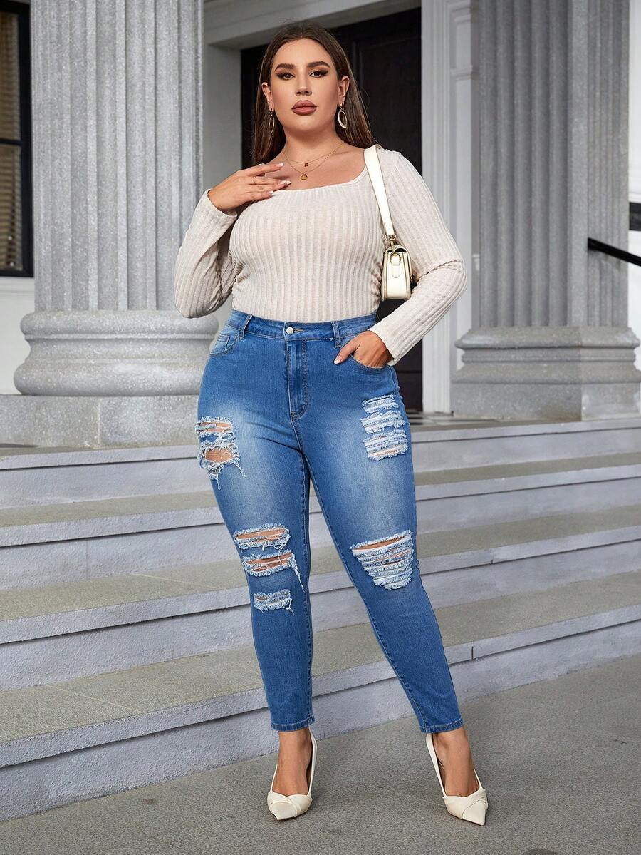 SHEIN Privé Plus High Waist Ripped Skinny Jeans - Dark Wash - View 1