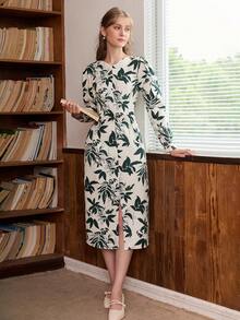 SHEIN Privé Sợi viscose In Bọc Váy sơ mi - Màu xanh lá cây đậm - Xem 3