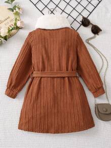 SHEIN 女小童素色繫腰帶洋裝帶圍巾 - 棕色 - 查看 2
