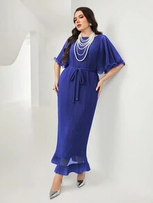 Modelyn Plus Solid Butterfly Sleeve Belted Dress - Royal Blue - View 5