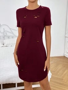 SHEIN Essnce 素色破洞T恤洋裝 - 酒紅色 - 查看 3