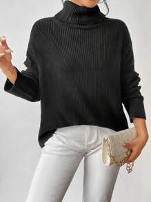 SHEIN Essnce Jersey cuello alto de hombros caídos - Negro - Ver 5