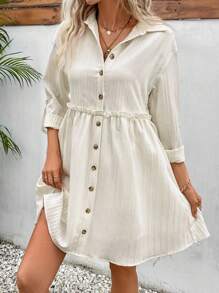 SHEIN Frenchy Lá sen tỉa Nút phía trước Váy sơ mi - Màu be - Xem 5