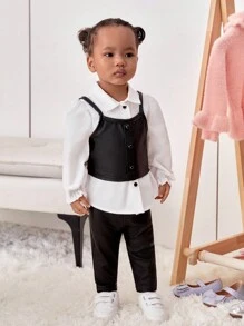 SHEIN Đứa bé gái 3pcs Thời gian rảnh rỗi Áo sơ mi , Da giả Dải mỏng Áo ba lỗ , Eo đàn hồi Dài Quần Bộ - Đen và trắng - Xem 4