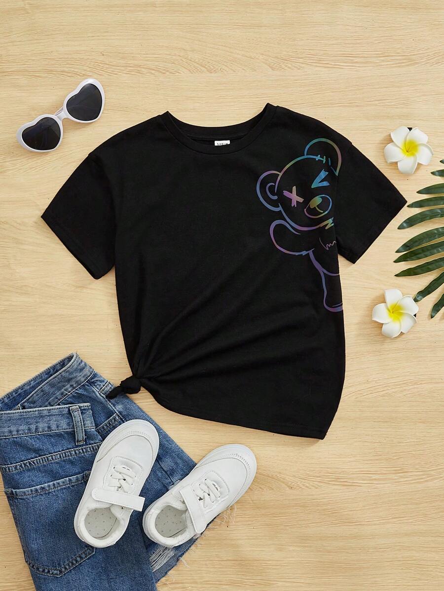 SHEIN Cô Gái Trẻ Phản chiếu Đồ họa Hoạt hình Áo thun Thả vai - màu đen - Xem 1