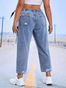 SHEIN EZwear Plus High Waist Ripped Mom Fit Jeans - Light Wash - View 2