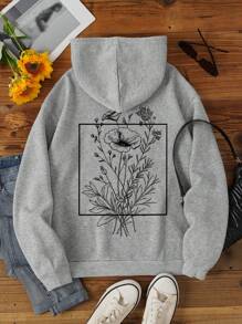 SHEIN EZwear Sudadera con cordón y estampado floral de talla grande - Gris - Ver 1
