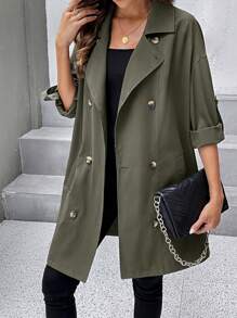 SHEIN LUNE 捲邊袖雙排釦風衣外套 - 墨綠色 - 查看 1