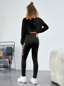 SHEIN 青少年女孩字母圖案短款連帽衫&緊身打底褲&背心上衣 - 黑色 - 查看 2