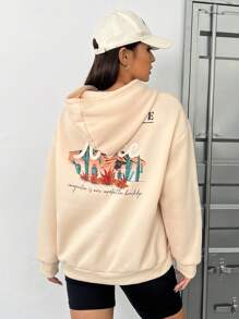 SHEIN EZwear Plus Size Slogan Graphic Drop Shoulder Sweatshirt - Khaki - View 1