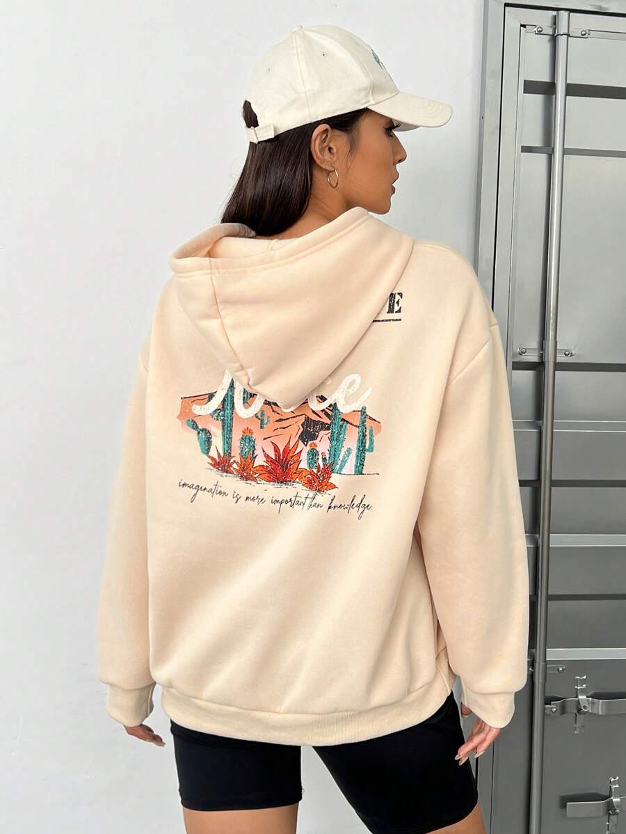 SHEIN EZwear Plus Size Slogan Graphic Drop Shoulder Sweatshirt - Khaki - View 1