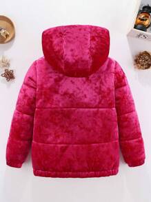 SHEIN 年轻女孩拉链连帽天鹅绒填充大衣 - 玫紅色 - 查看 2