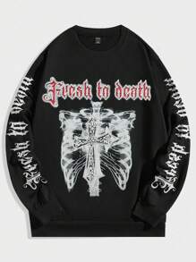 ROMWE MEN Goth 男士字母和骨架印花套頭衫 - 黑色 - 查看 1