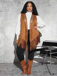 SHEIN CURVE+ Plus 1pc Hollow Out Fringe Hem Faux Suede Vest Coat - Camel - View 5