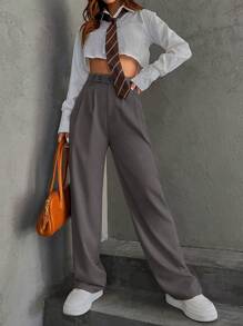 SHEIN Unity Chất rắn Chân thẳng Quần tây - Xám - Xem 1