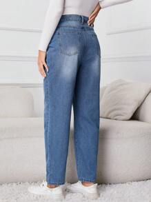 SHEIN 孕婦寬腰帶直筒牛仔褲 - 中等水洗藍 - 查看 2