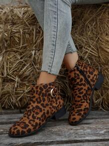 女式時尚豹紋印花靴 - 駝色 - 查看 1