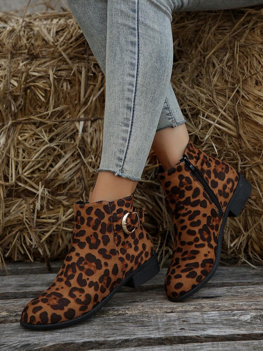 女式時尚豹紋印花靴 - 駝色 - 查看 1