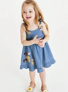 女小童卡通圖案荷葉邊吊帶連衣裙 - 藏蓝色 - 查看 1