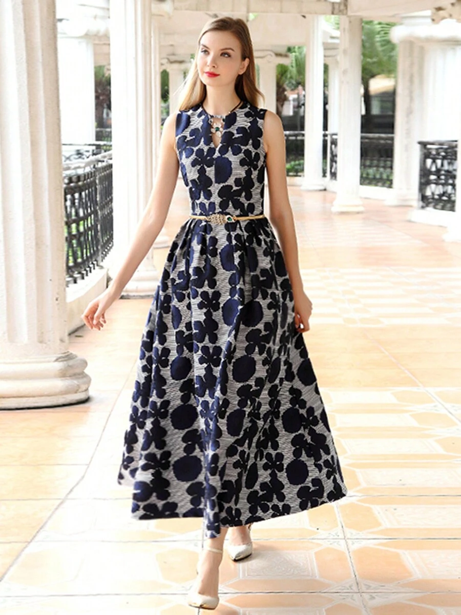 Floral Print Sleeveless Party Dress Without Belt Elegant Formal Evening Prom Wedding Guest Gown, For Graduation, Dinner