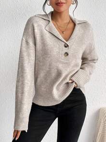 SHEIN Frenchy Lapel Neck Drop Shoulder Sweater Winter Casual - Camel - View 6