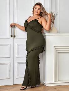 Plus Ruffle Trim Mermaid Hem Cami Dress - Army Green - View 6