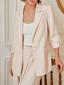 SHEIN Frenchy Women's Fashionable Solid Color Lapel Single-Breasted Blazer Winter Elegant - Apricot - View 1