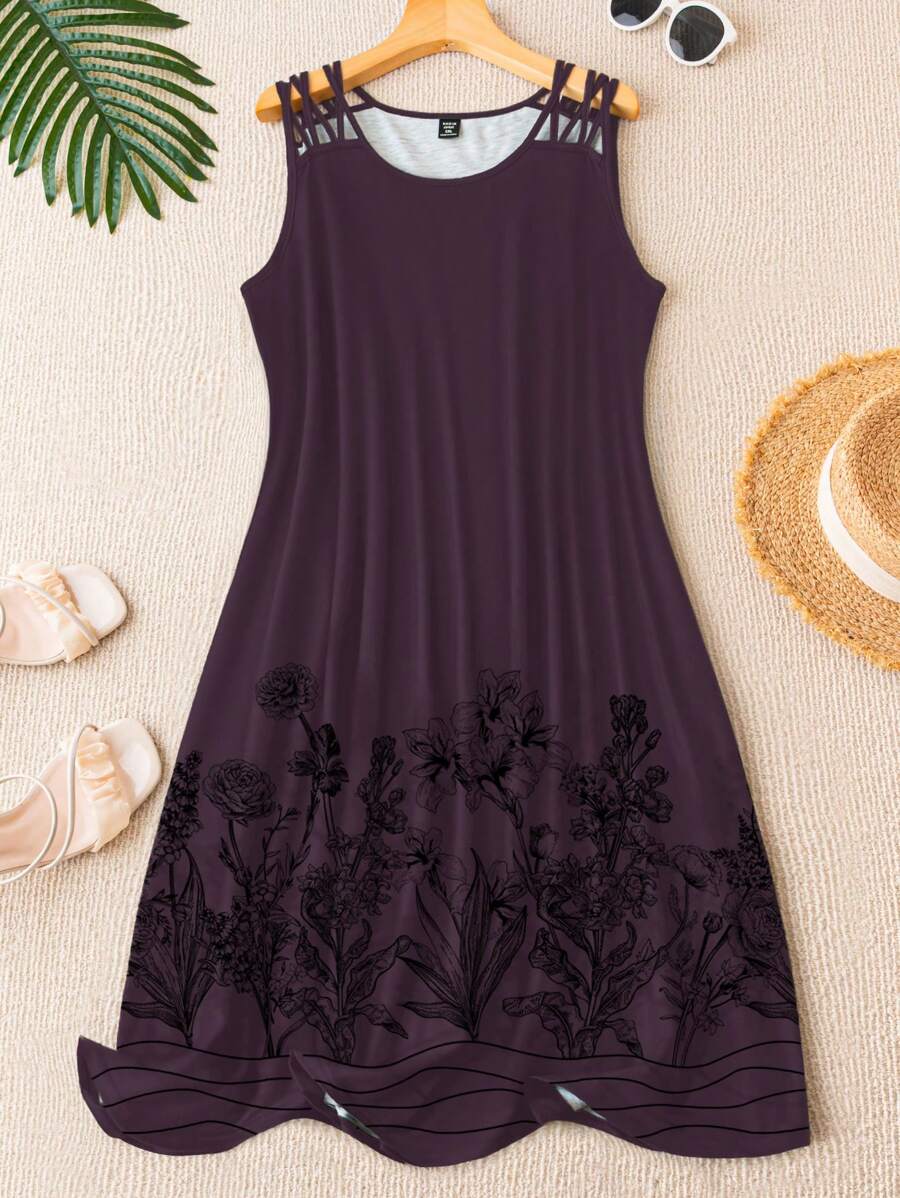 SHEIN LUNE 大碼印花肩部挖空洋裝 - 淺灰紫 - 查看 1