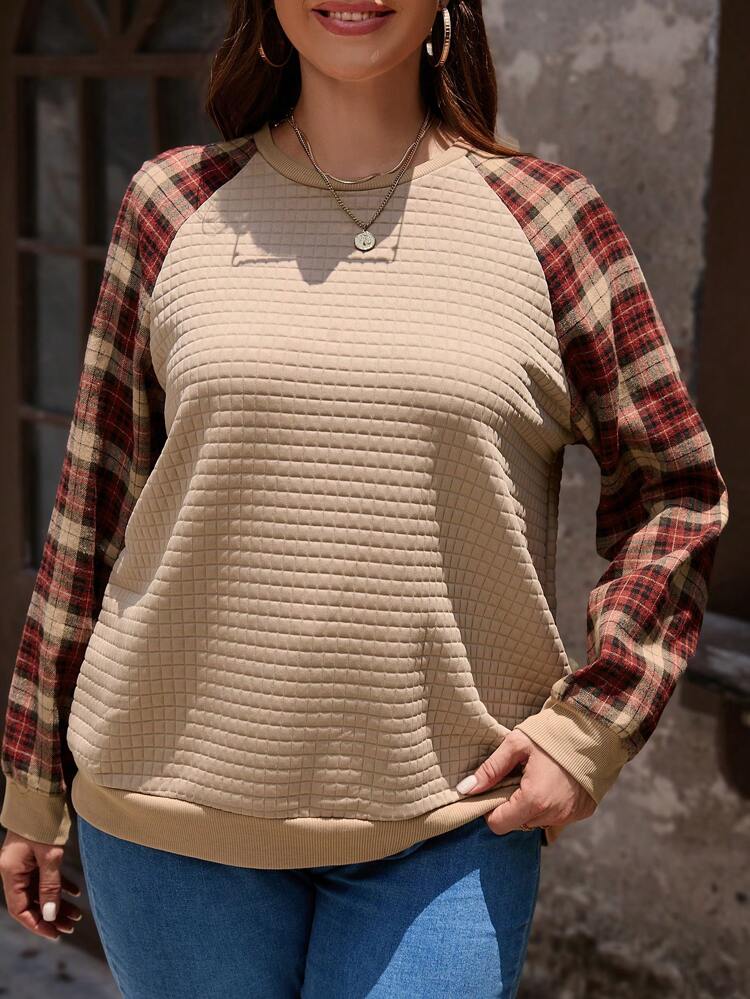Plus Plaid Raglan Sleeve Sweatshirt Winter Fall Autumn