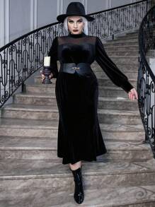 Celure Hơn Halloween Lưới tương phản Cổ giả Nhung Đầm Không có thắt lưng - màu đen - Xem 1