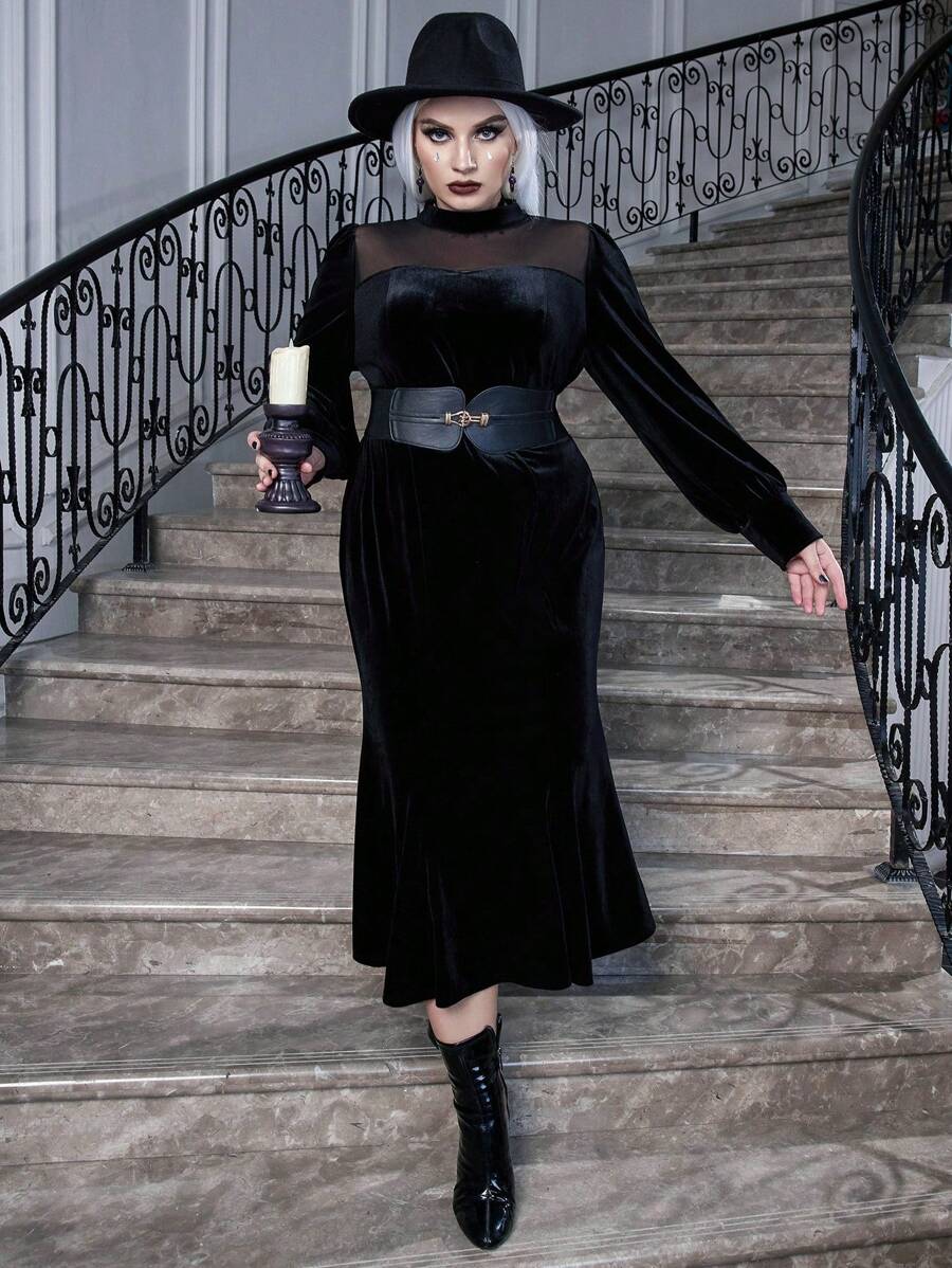 Celure Hơn Halloween Lưới tương phản Cổ giả Nhung Đầm Không có thắt lưng - màu đen - Xem 1