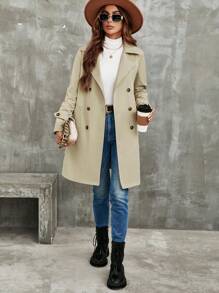 SHEIN LUNE Đôi ngực Thắt lưng Áo khoác Trench - Màu Khaki - Xem 5