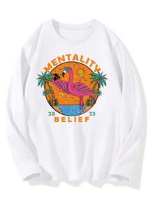 Hombres Camiseta con estampado de letra y flamenco - Blanco - Ver 1