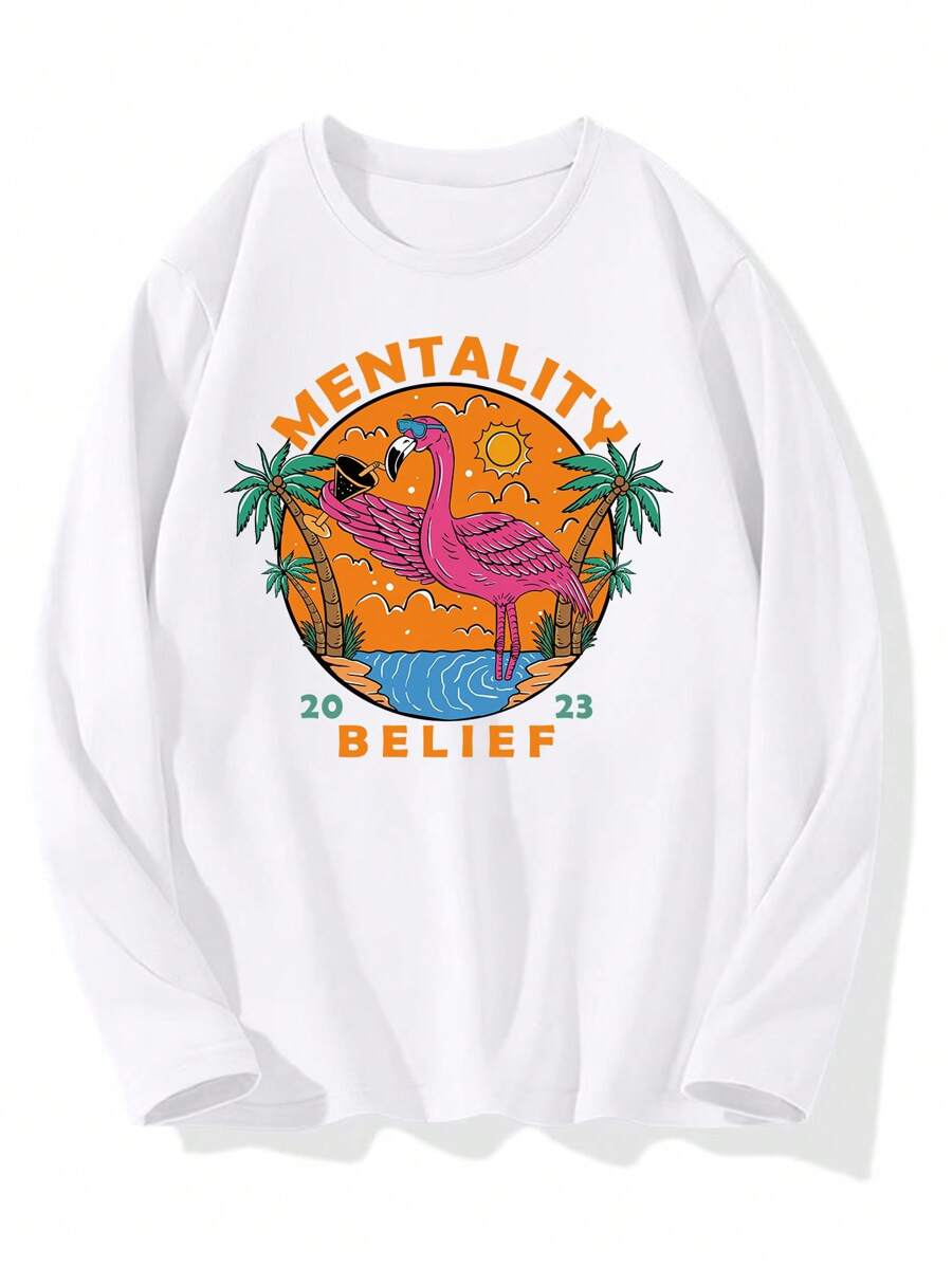 Hombres Camiseta con estampado de letra y flamenco - Blanco - Ver 1