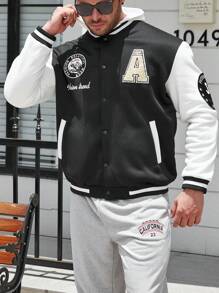 Manfinity Homme Men Plus Letter Graphic Striped Trim Varsity Jacket Without Hoodie - Black and White - View 6