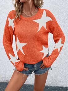 EMERY ROSE Suéter de punto con caída de hombros y estampado de estrellas para otoño e invierno - Naranja - Ver 4