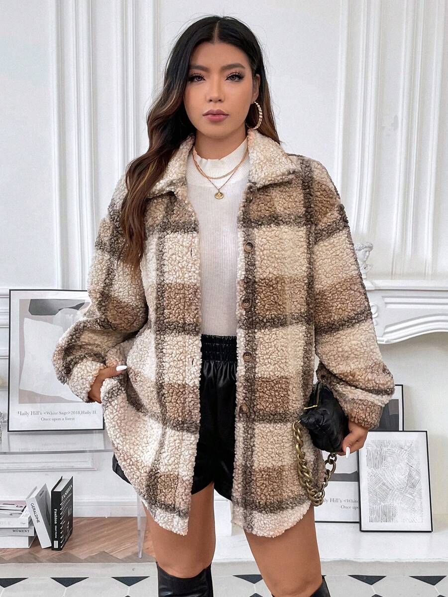 SHEIN Franclia Plus Plaid Pattern Drop Shoulder Teddy Coat - Multicolor - View 1