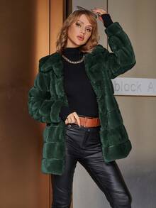 Eilly Bazar Solid Open Front Fuzzy Coat - Dark Green - View 4