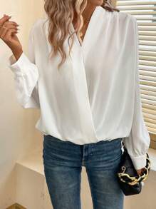 SHEIN LUNE Chất rắn Surplice cổ Áo sơ mi - trắng - Xem 3