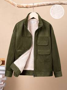 SHEIN Tween Boys Coats Kantong Zip Plain Casual - Hijau Tentara - View 1