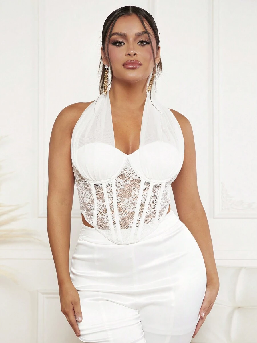 SHEIN SXY Contrast Lace Backless Halter Top