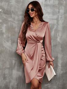 SHEIN Essnce Lantern Sleeve Wrap Hem Satin Dress - Dusty Pink - View 5