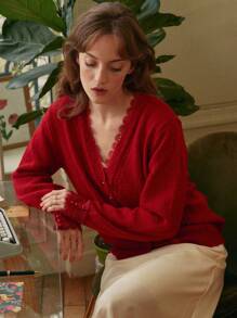 Simple Retro Lace Trim Button Front Cardigan - Red - View 2